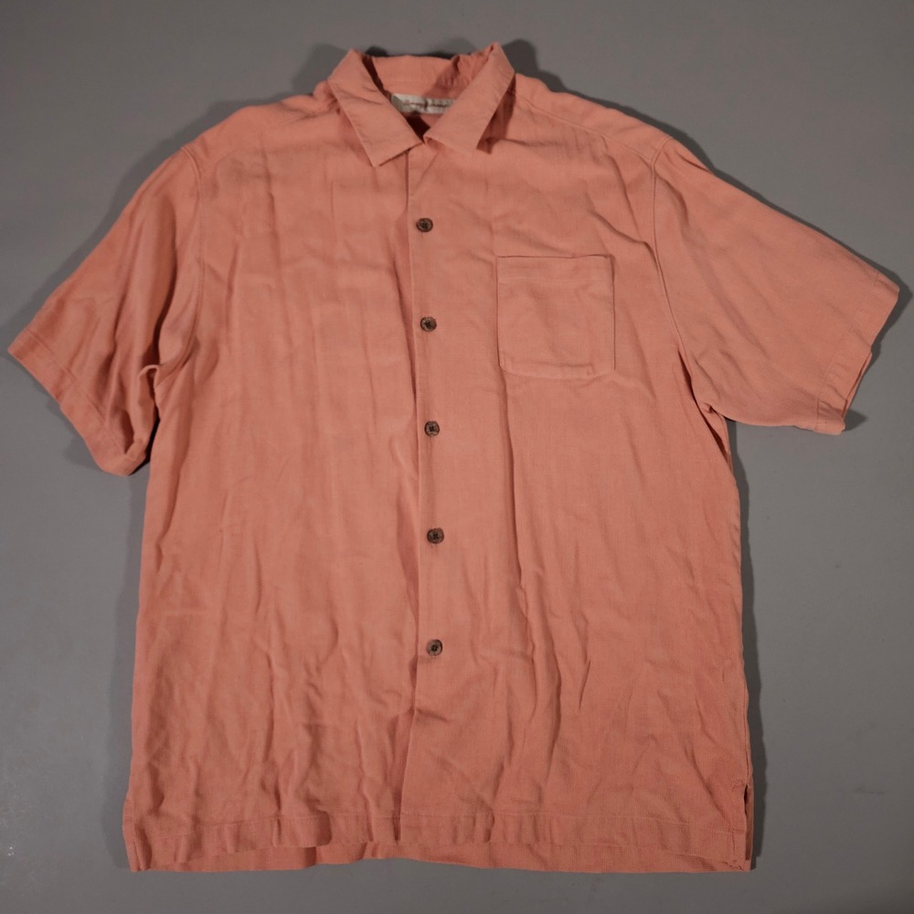 Tommy Bahama Button Up Shirt Mens Large Salmon Pink 100% Silk Textured Camp